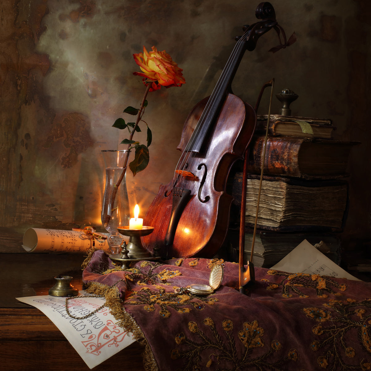 4-piece-canvas-print-still-life-with-violin-and-rose